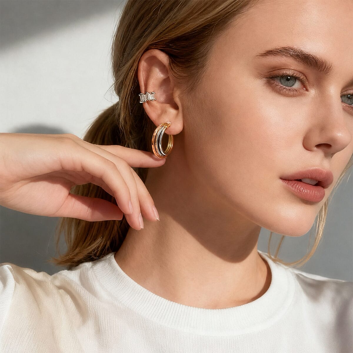 9K Yellow, Rose & White Gold - Multi Strand Hoop Earring