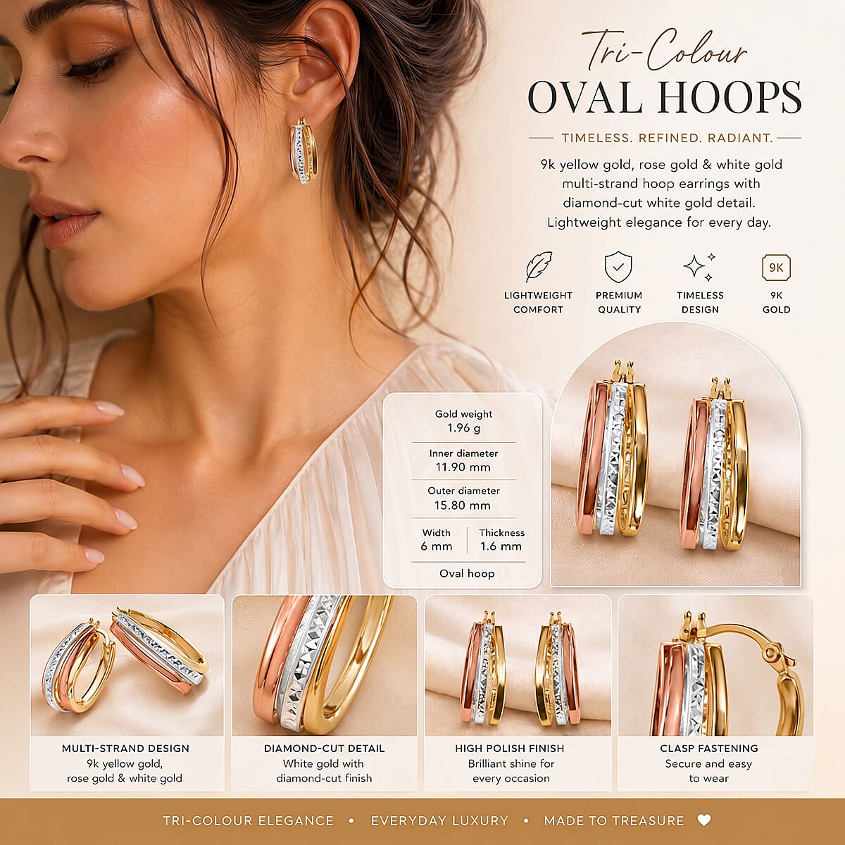 9K Yellow, Rose & White Gold - Multi Strand Hoop Earring, Gold Wt. 1.96 Gms