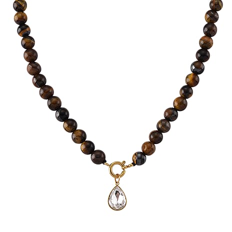 Tigers Eye & White Cubic Zirconia Beads Necklace (Size - 20) with Clasp in Yellow Gold Tone 255.00 Ct.