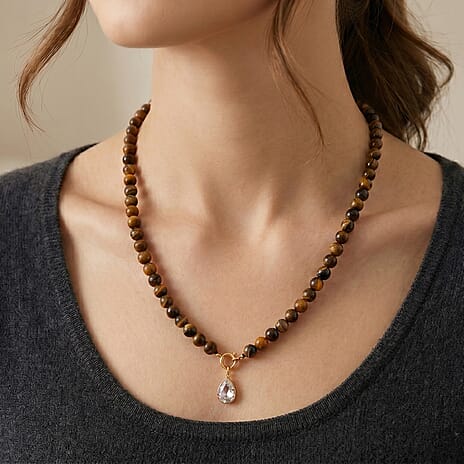 Tigers Eye & White Cubic Zirconia Beads Necklace (Size - 20) with Clasp in Yellow Gold Tone 255.00 Ct.