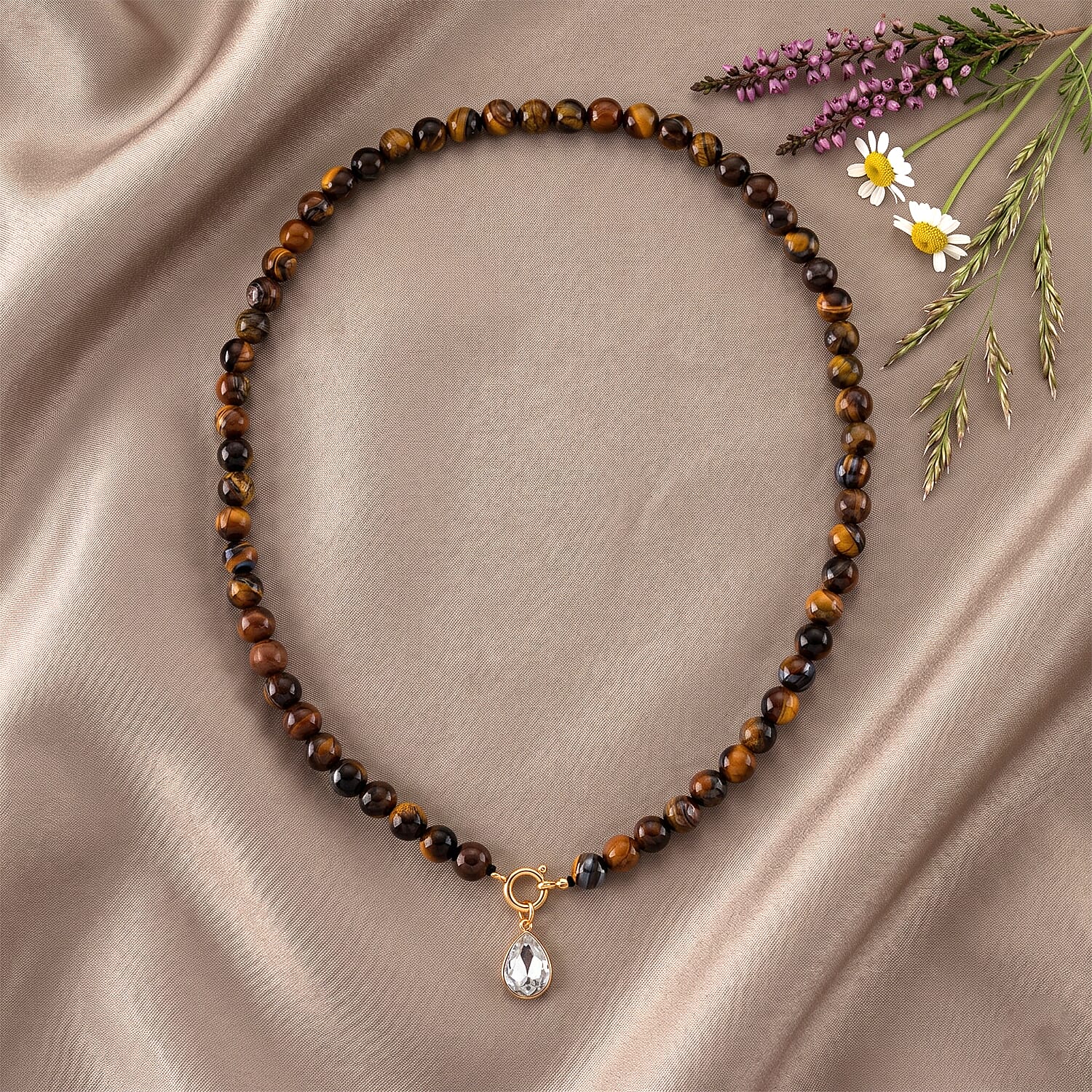 Tigers Eye & White Cubic Zirconia Beads Necklace (Size - 20) with Clasp in Yellow Gold Tone 255.00 Ct.