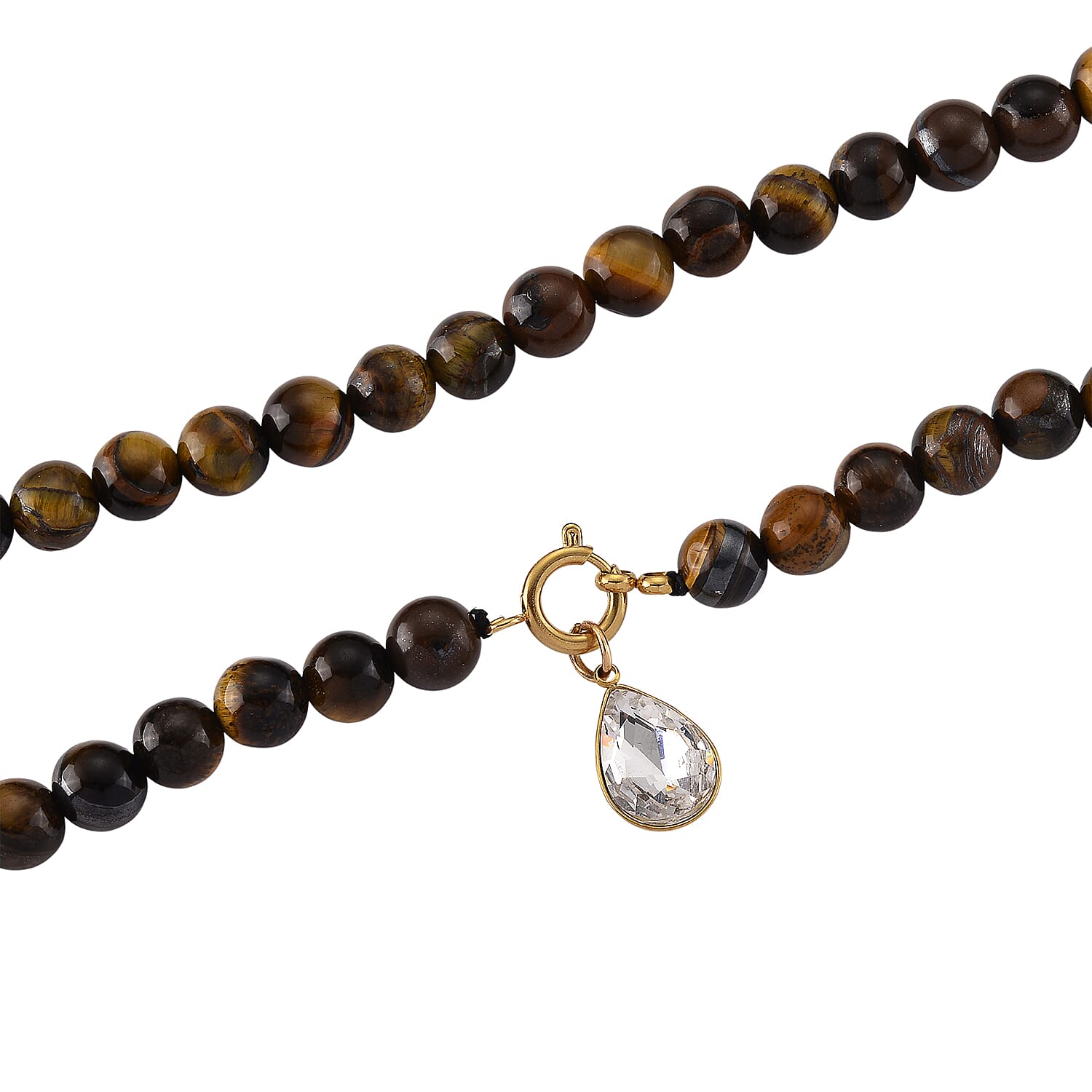 Tigers Eye & White Cubic Zirconia Beads Necklace (Size - 20) with Clasp in Yellow Gold Tone 255.00 Ct.