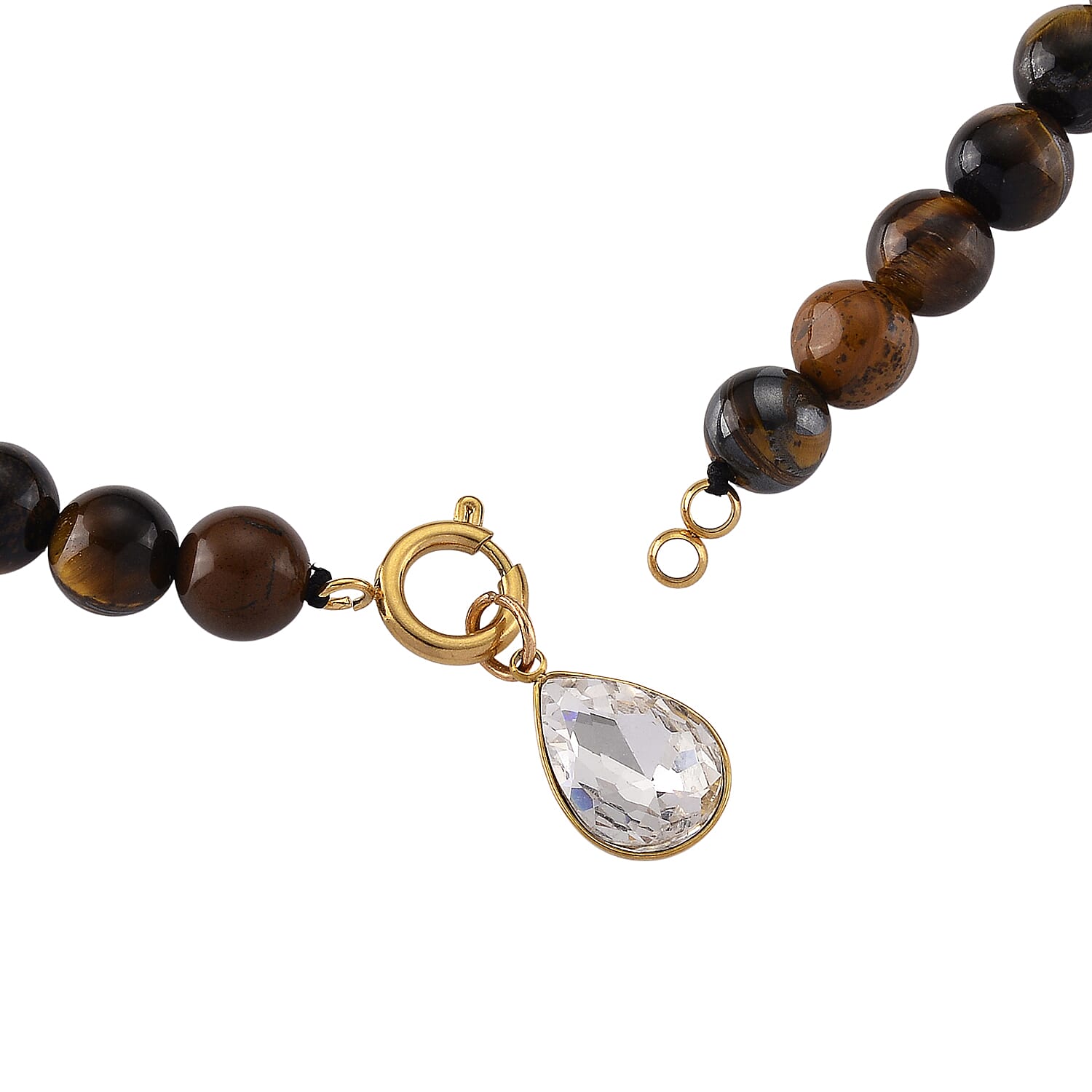 Tigers Eye & White Cubic Zirconia Beads Necklace (Size - 20) with Clasp in Yellow Gold Tone 255.00 Ct.
