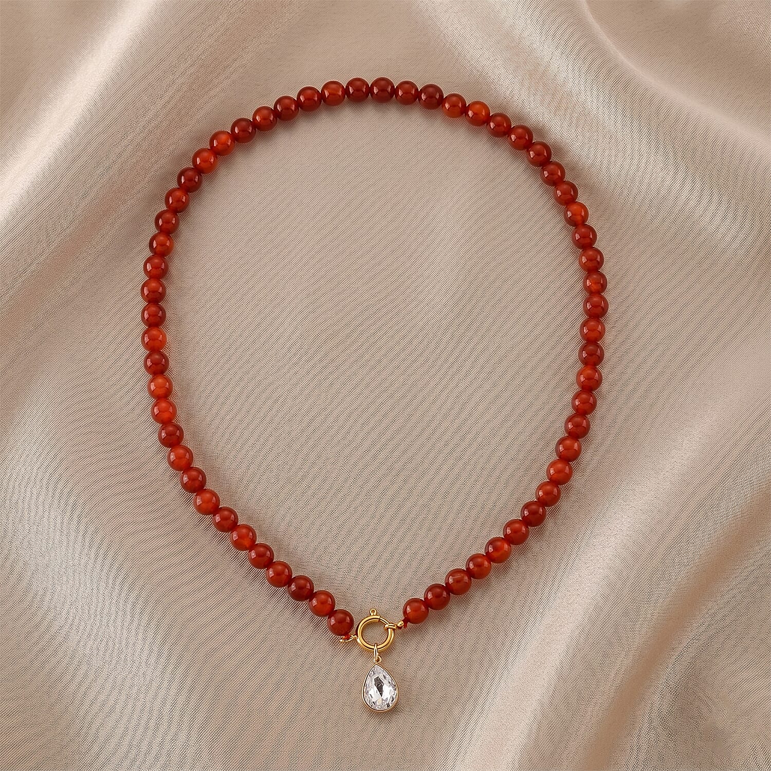 Red Agate & White Cubic Zirconia Beads Necklace (Size - 20) with Clasp in Yellow Gold Tone 255.00 Ct.