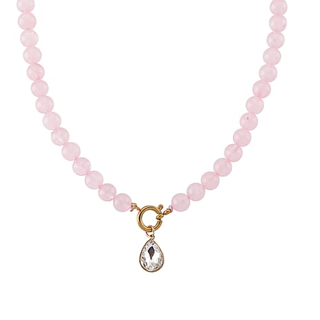 Rose Quartz & White Cubic Zirconia Beads Necklace (Size - 20) with Clasp in Yellow Gold Tone 255.00 Ct.
