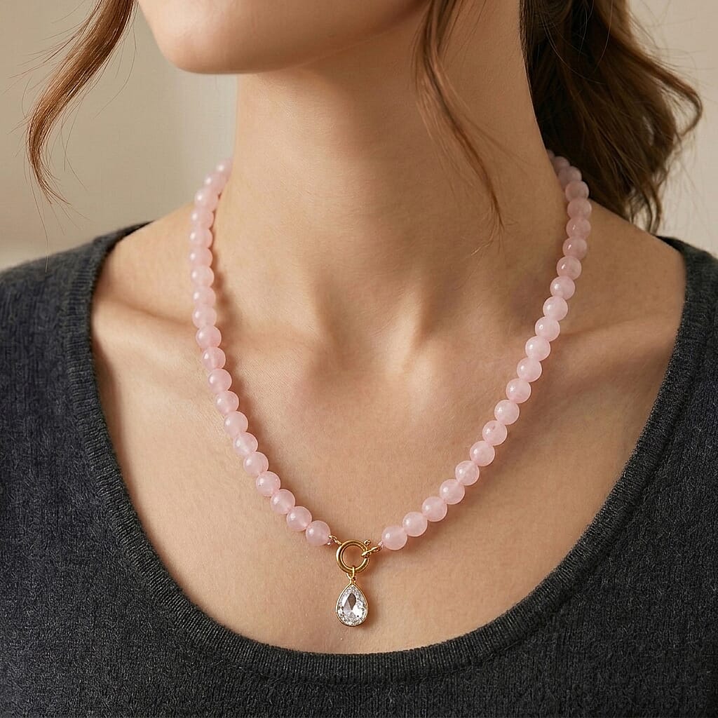 Rose Quartz & White Cubic Zirconia Beads Necklace (Size - 20) with Clasp in Yellow Gold Tone 255.00 Ct.
