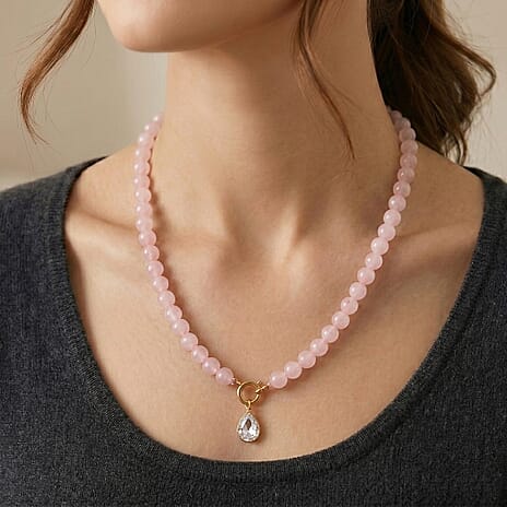 Rose Quartz & White Cubic Zirconia Beads Necklace (Size - 20) with Clasp in Yellow Gold Tone 255.00 Ct.