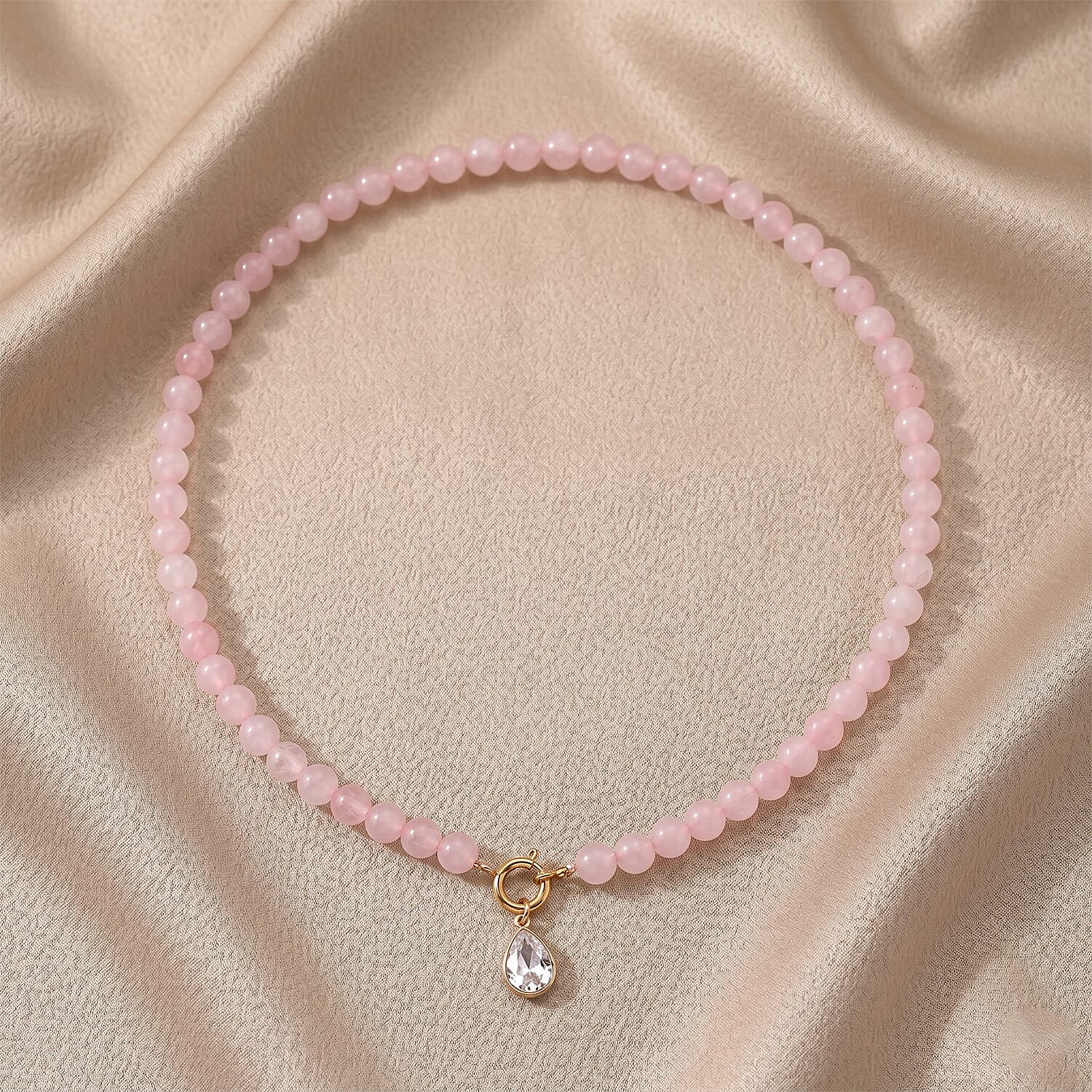 Rose Quartz & White Cubic Zirconia Beads Necklace (Size - 20) with Clasp in Yellow Gold Tone 255.00 Ct.
