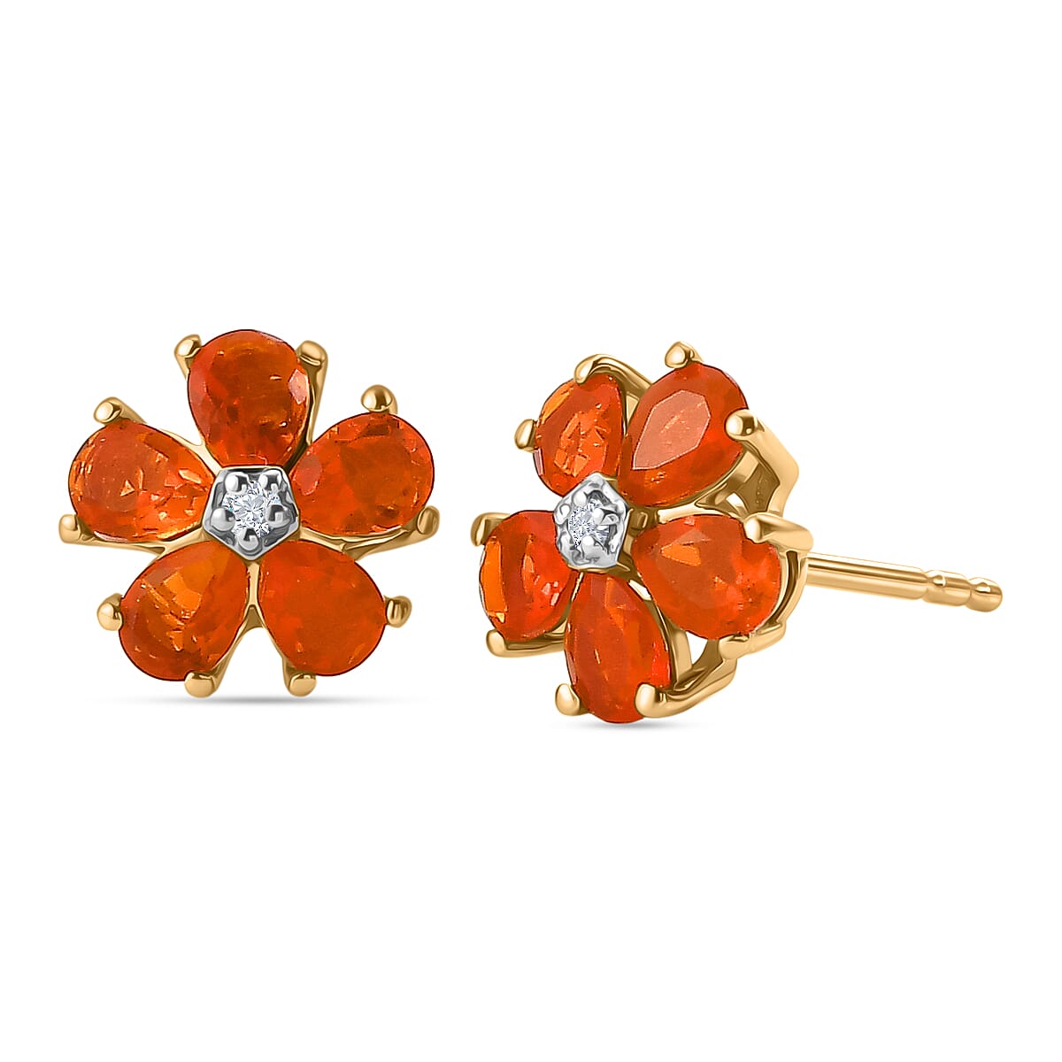 Luxuriant - Fire Opal & Lab Grown Diamond (SI-G-H) Solitaire Stud Push Post Earring in Yellow Gold Plated Sterling Silver 1.12 Ct.