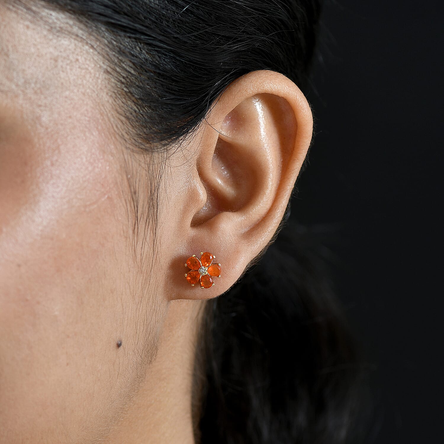 Luxuriant - Fire Opal & Lab Grown Diamond (SI-G-H) Solitaire Stud Push Post Earring in Yellow Gold Plated Sterling Silver 1.12 Ct.