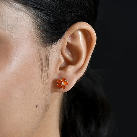 Luxuriant - Fire Opal & Lab Grown Diamond (SI-G-H) Solitaire Stud Push Post Earring in Yellow Gold Plated Sterling Silver 1.12 Ct.