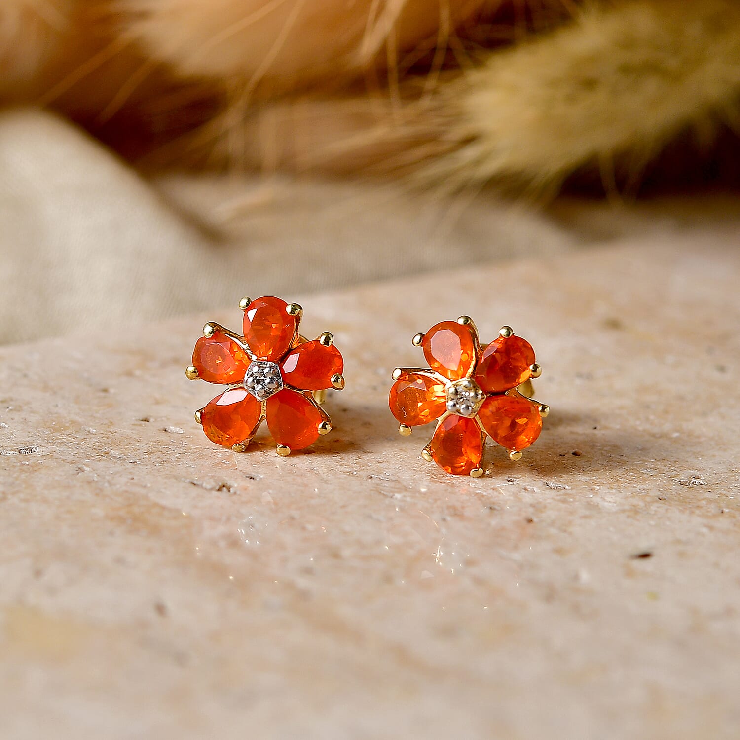 Luxuriant - Fire Opal & Lab Grown Diamond (SI-G-H) Solitaire Stud Push Post Earring in Yellow Gold Plated Sterling Silver 1.12 Ct.