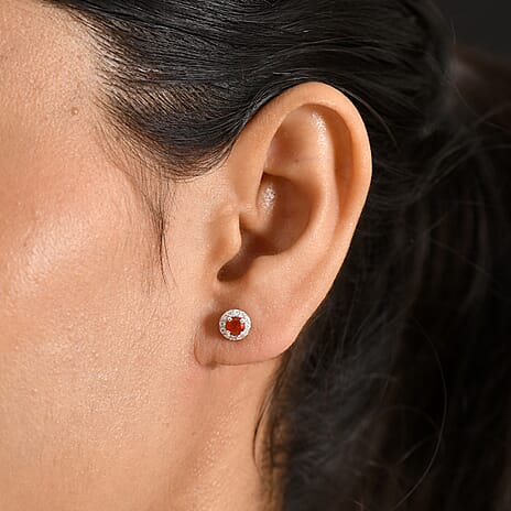 D'Joy - Fire Opal & Moissanite Earring with Push Post in Platinum Overlay Sterling Silver