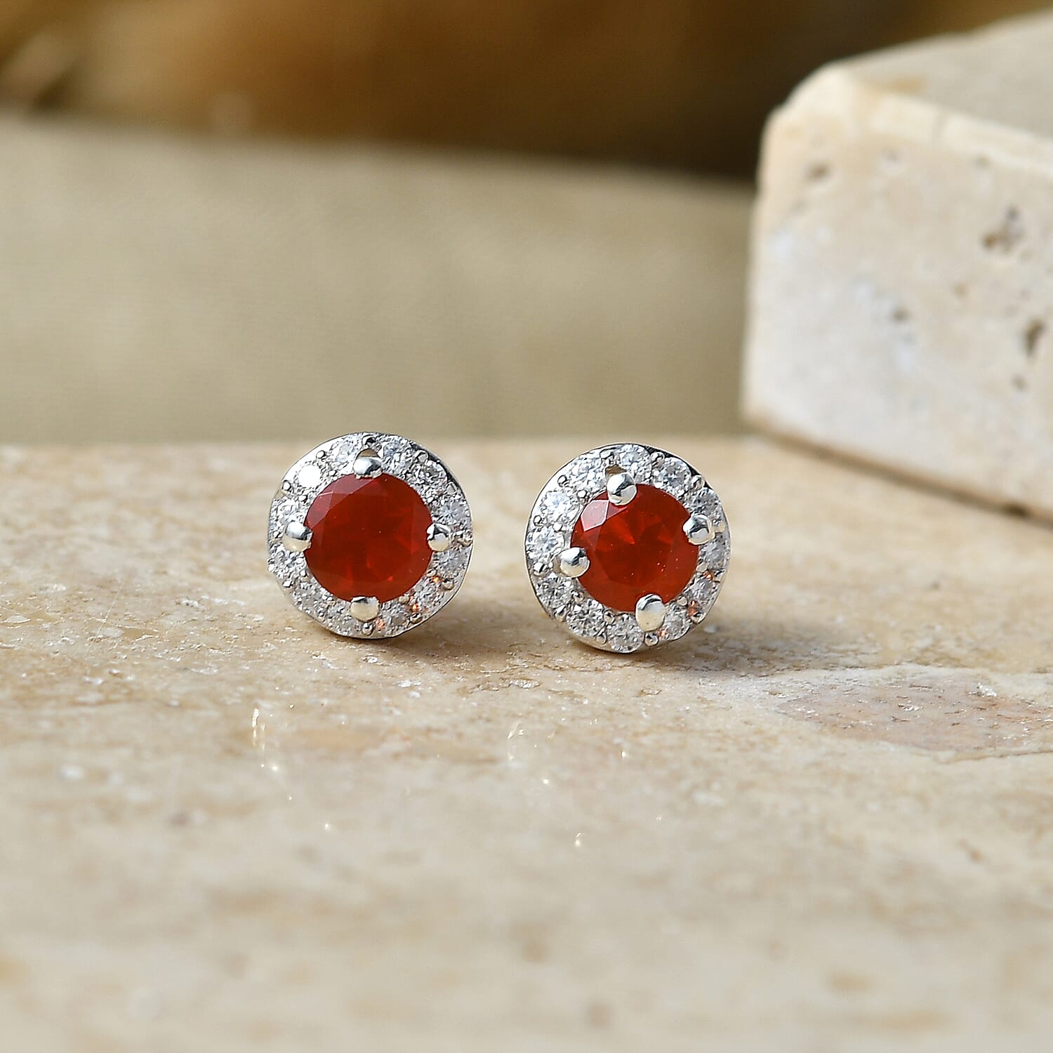 D'Joy - Fire Opal & Moissanite Earring with Push Post in Platinum Overlay Sterling Silver