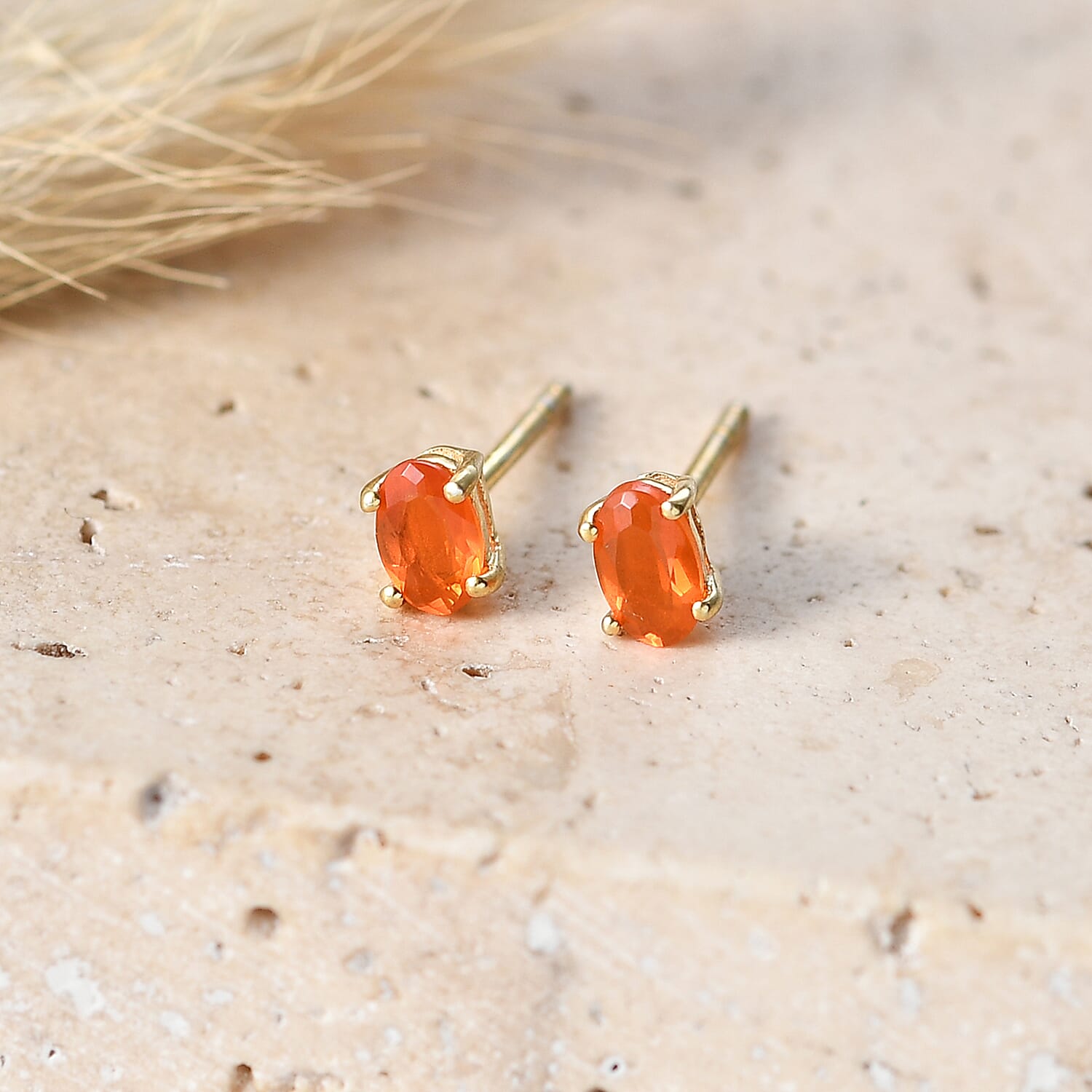 D'Joy - Fire Opal Solitaire Stud Push Post Earring in Yellow Gold Plated Sterling Silver
