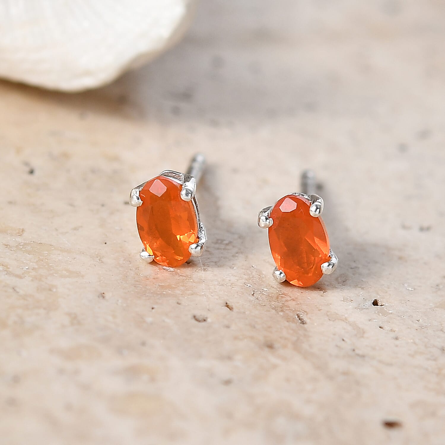 D'Joy - Fire Opal Solitaire Stud Push Post Earring in Platinum Overlay Sterling Silver