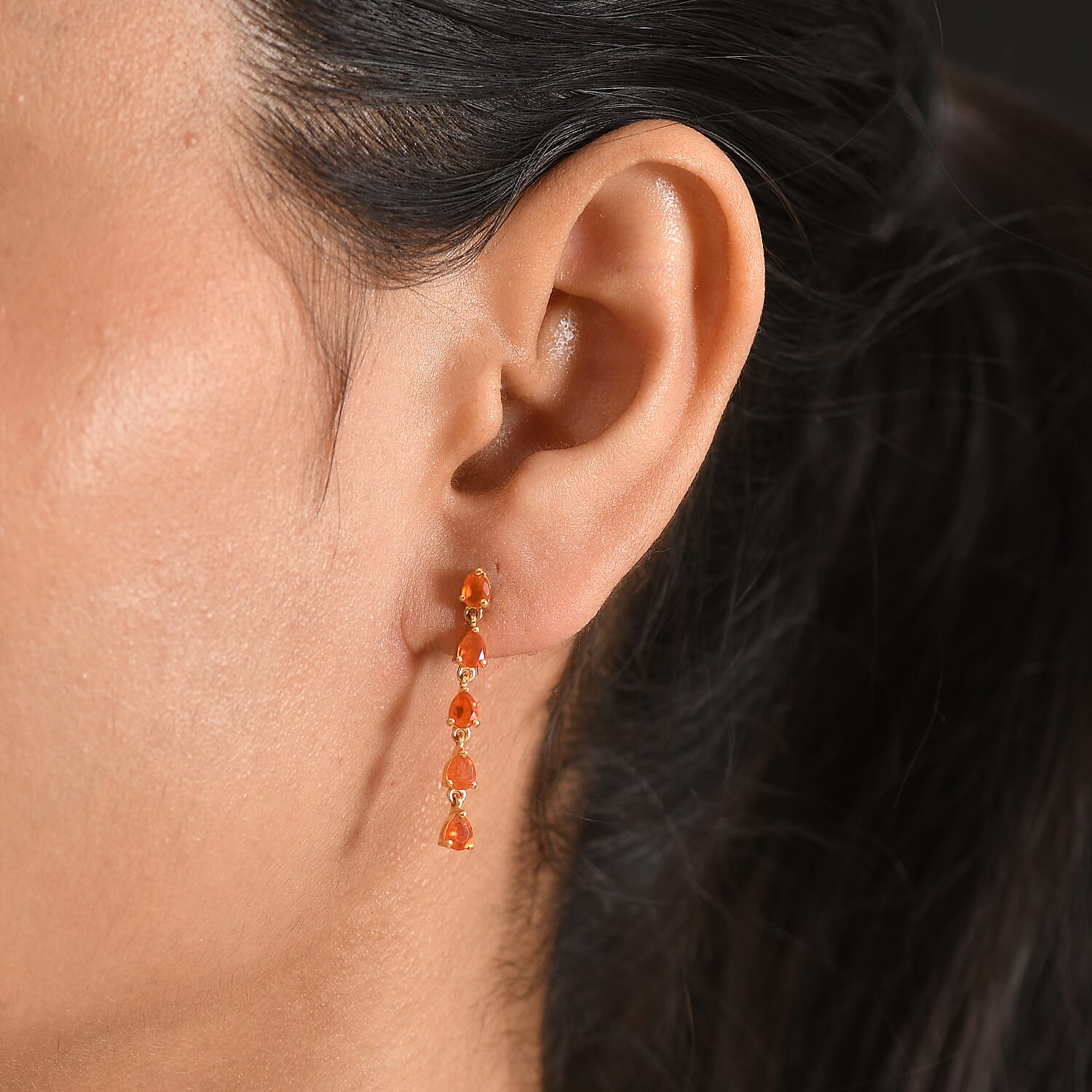 D'Joy - Fire Opal Dangling Earring with Push Post in Yellow Gold Plated Sterling Silver 1.09 Ct.