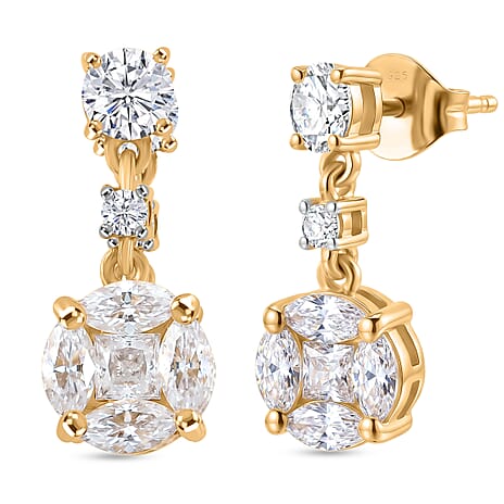 D'Joy - Moissanite Dangling Earring with Push Back in Yellow Gold Plated Sterling Silver 1.90 Ct.
