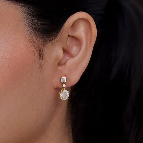 D'Joy - Moissanite Dangling Earring with Push Back in Yellow Gold Plated Sterling Silver 1.90 Ct.