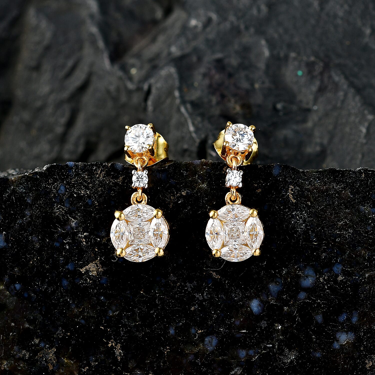 D'Joy - Moissanite Dangling Earring with Push Back in Yellow Gold Plated Sterling Silver 1.90 Ct.