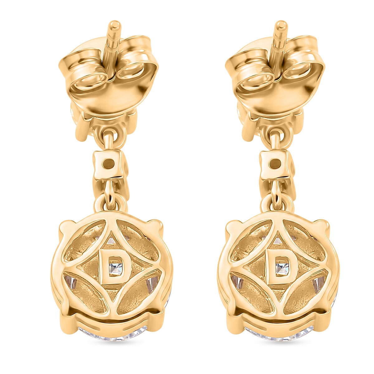 D'Joy - Moissanite Dangling Earring with Push Back in Yellow Gold Plated Sterling Silver 1.90 Ct.
