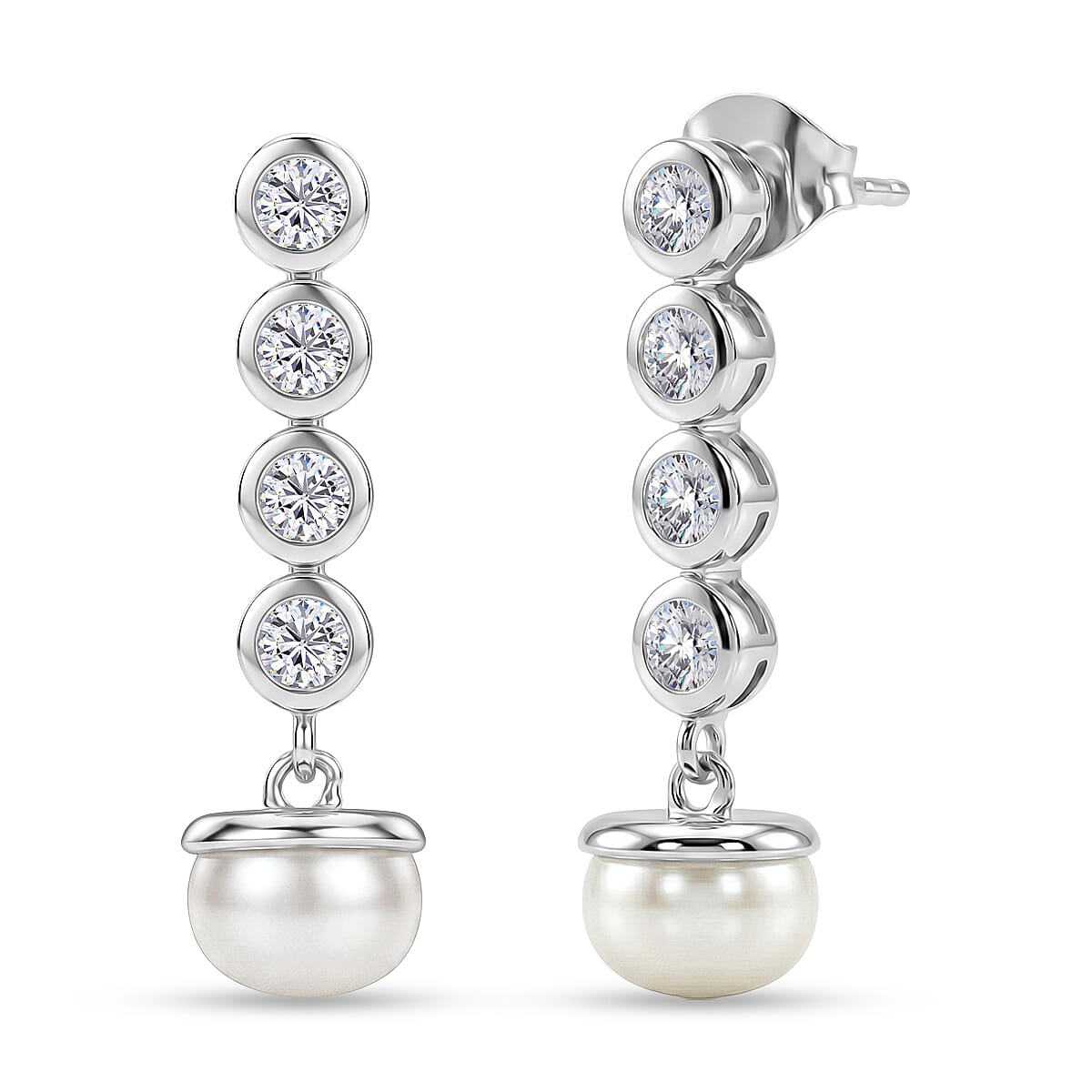 D'Joy - Moissanite & Fresh Water Pearl Dangling Earring with Push Back in Platinum Overlay Sterling Silver 5.46 Ct.