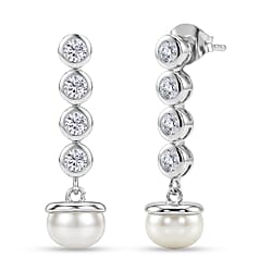 D'Joy - Moissanite & Fresh Water Pearl Dangling Earring with Push Back in Platinum Overlay Sterling Silver 5.46 Ct.