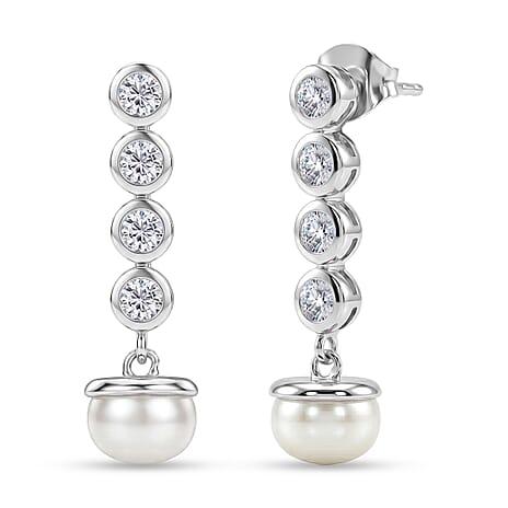 D'Joy - Moissanite & Fresh Water Pearl Dangling Earring with Push Back in Platinum Overlay Sterling Silver 5.46 Ct.