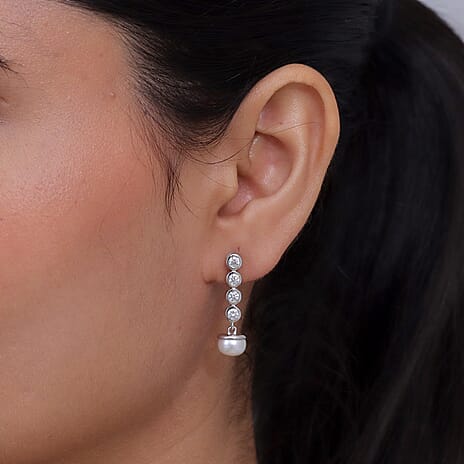 D'Joy - Moissanite & Fresh Water Pearl Dangling Earring with Push Back in Platinum Overlay Sterling Silver 5.46 Ct.