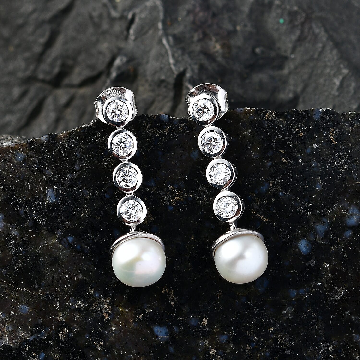 D'Joy - Moissanite & Fresh Water Pearl Dangling Earring with Push Back in Platinum Overlay Sterling Silver 5.46 Ct.
