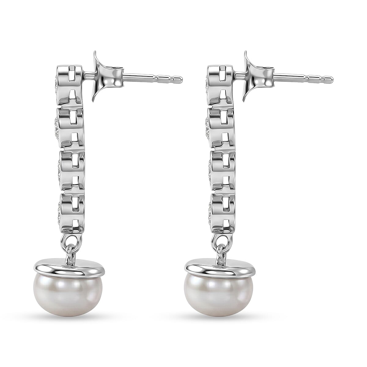 D'Joy - Moissanite & Fresh Water Pearl Dangling Earring with Push Back in Platinum Overlay Sterling Silver 5.46 Ct.