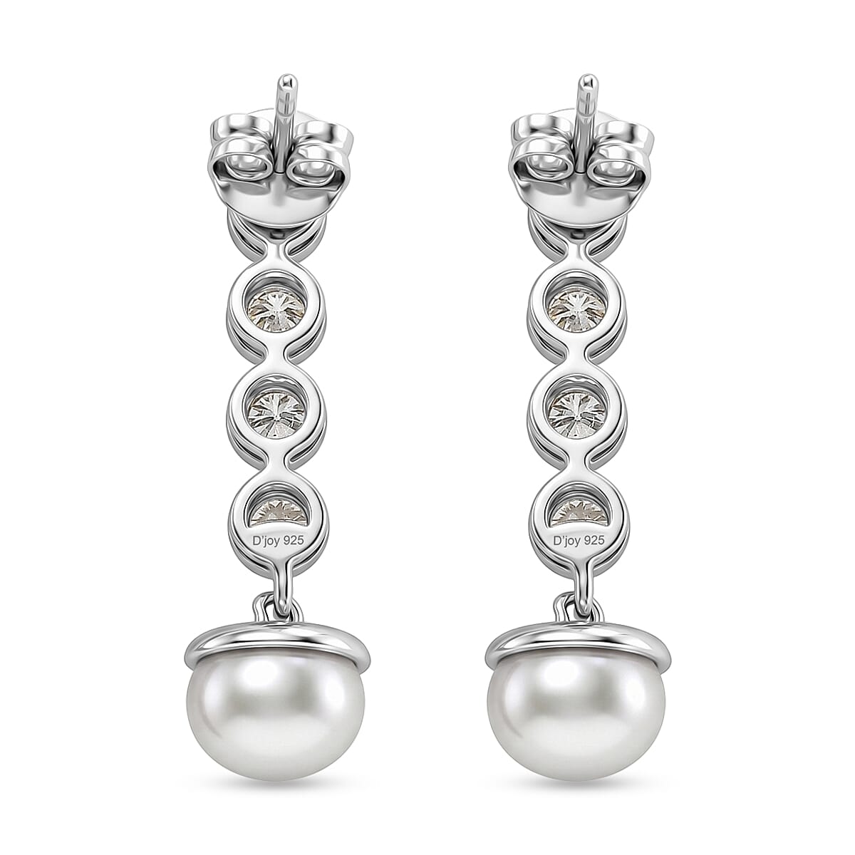 D'Joy - Moissanite & Fresh Water Pearl Dangling Earring with Push Back in Platinum Overlay Sterling Silver 5.46 Ct.