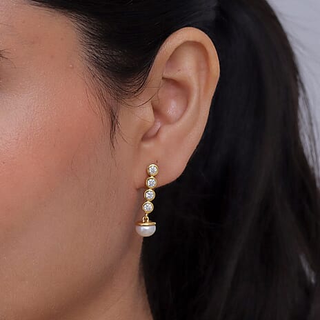 D'Joy - Moissanite & Fresh Water Pearl Dangling Earring with Push Back in Yellow Gold Plated Sterling Silver 5.60 Ct.