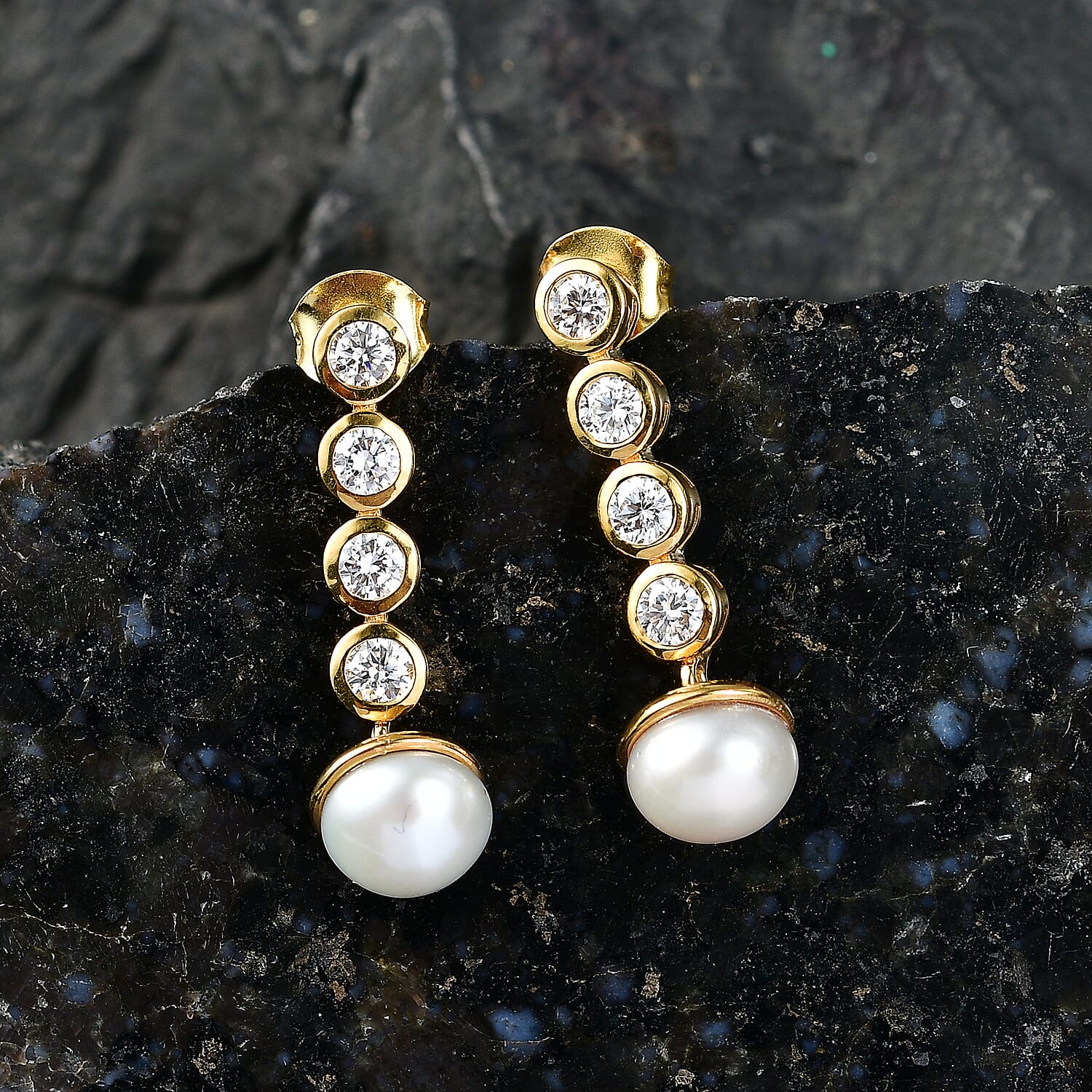 D'Joy - Moissanite & Fresh Water Pearl Dangling Earring with Push Back in Yellow Gold Plated Sterling Silver 5.60 Ct.