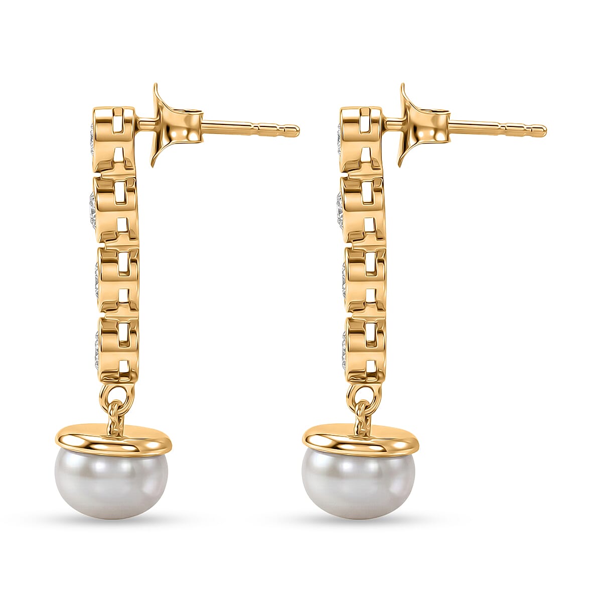 D'Joy - Moissanite & Fresh Water Pearl Dangling Earring with Push Back in Yellow Gold Plated Sterling Silver 5.60 Ct.