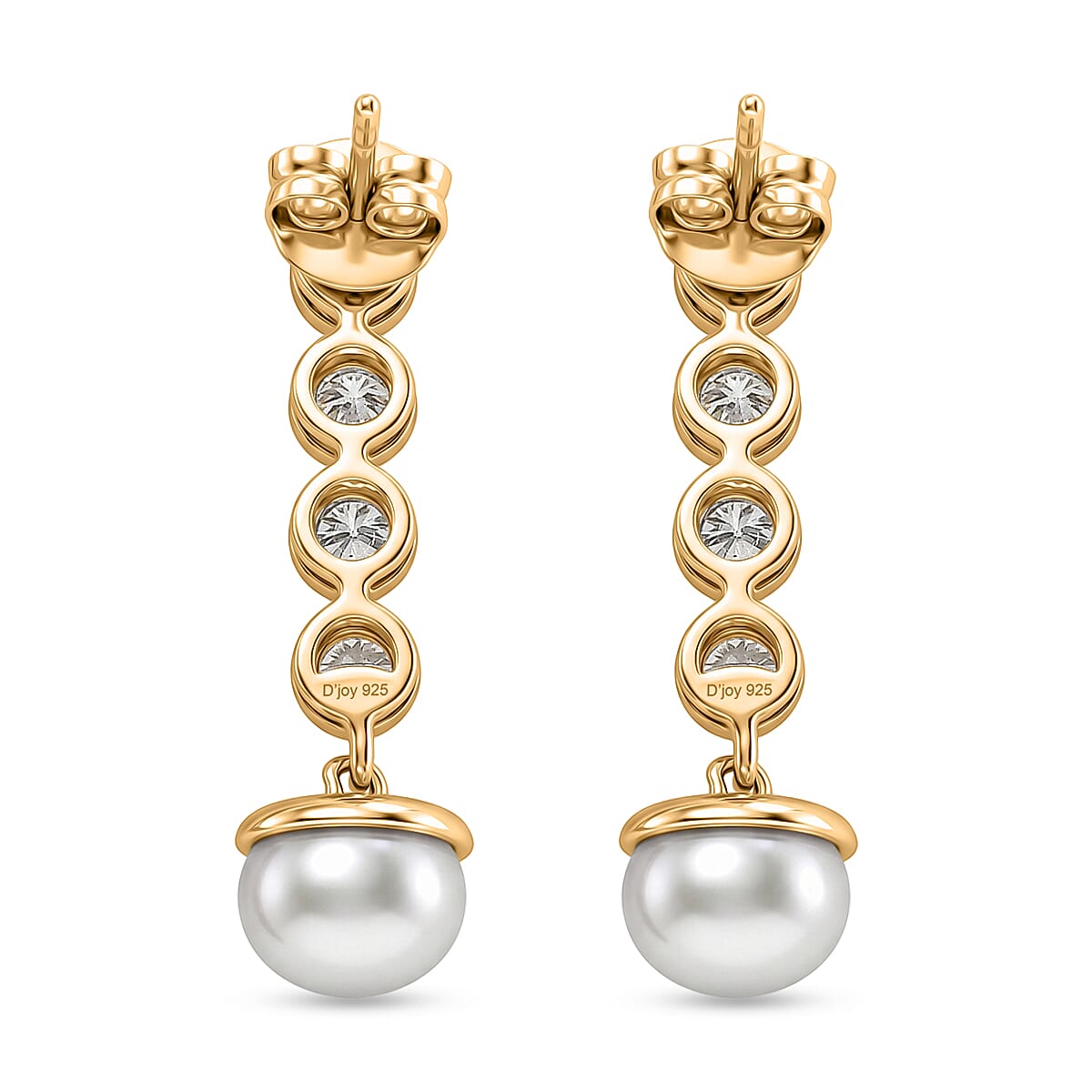 D'Joy - Moissanite & Fresh Water Pearl Dangling Earring with Push Back in Yellow Gold Plated Sterling Silver 5.60 Ct.