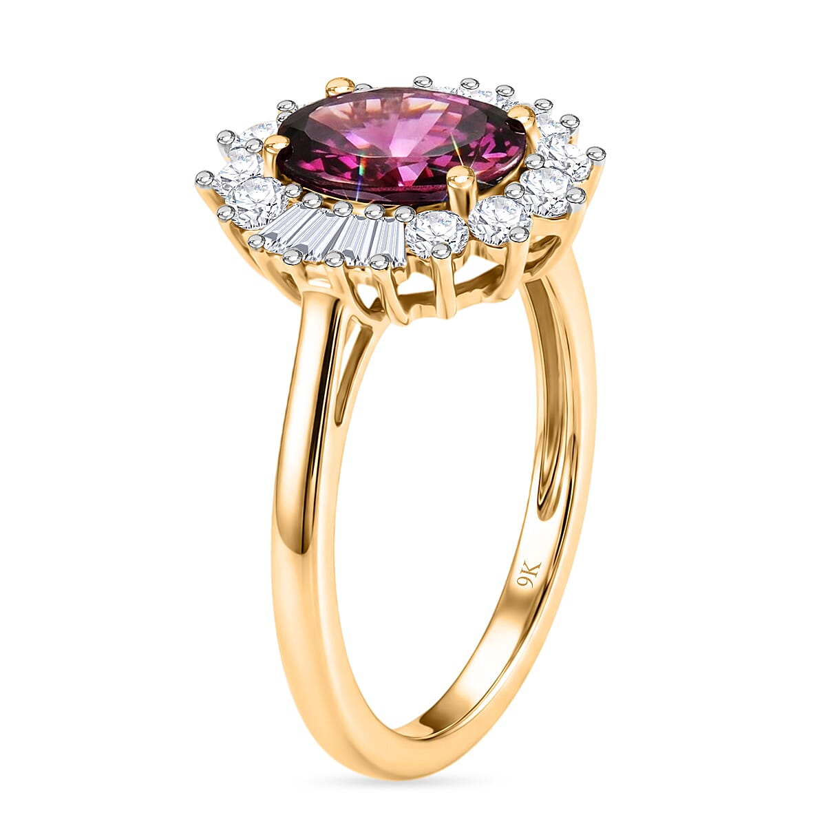 9K Yellow Gold AAA Natural Radiant Ember Garnet & Lab Grown Diamond Halo Ring 2.72 Ct.