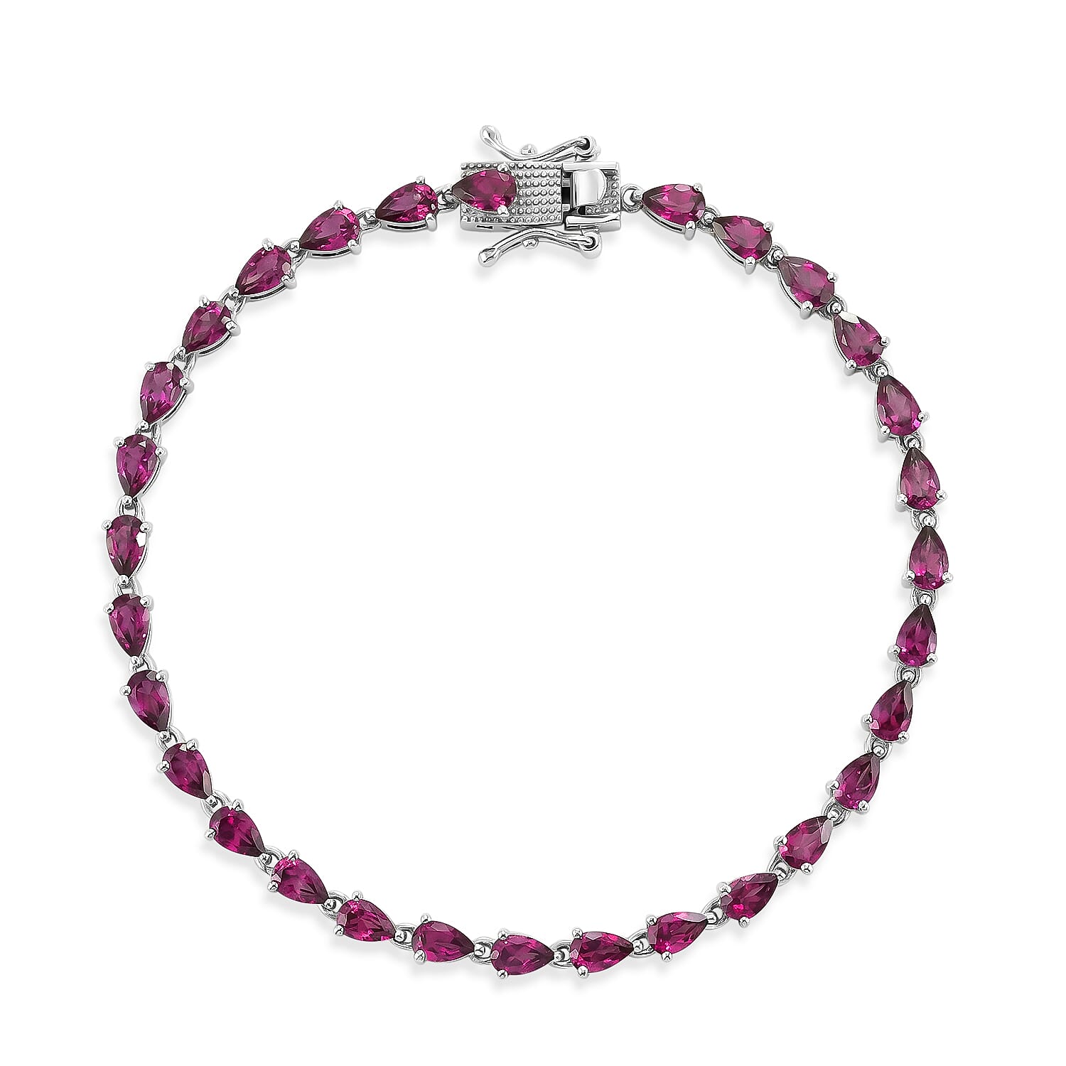D'Joy - Natural Radiant Ember Garnet Pear-Cut Tennis Bracelet (Size - 7) with Lock Box in Rhodium Overlay Sterling Silver 7.61 Ct.