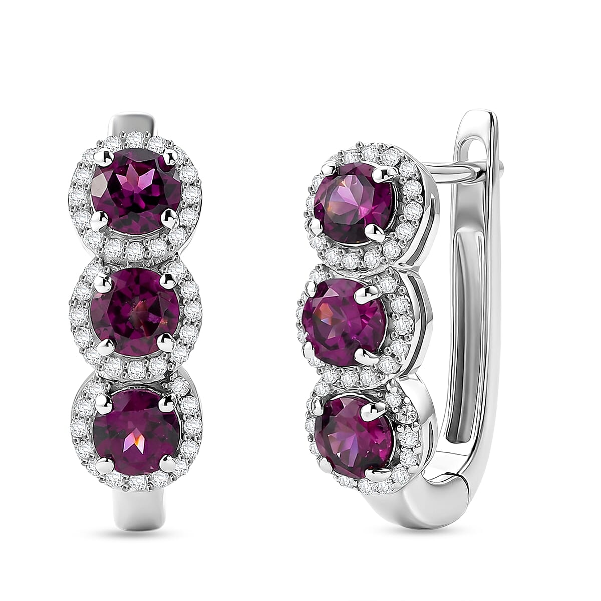 D'Joy - Natural Radiant Ember Garnet & White Zircon J Hoop Earring with Clasp in Rhodium Overlay Sterling Silver 2.68 Ct.