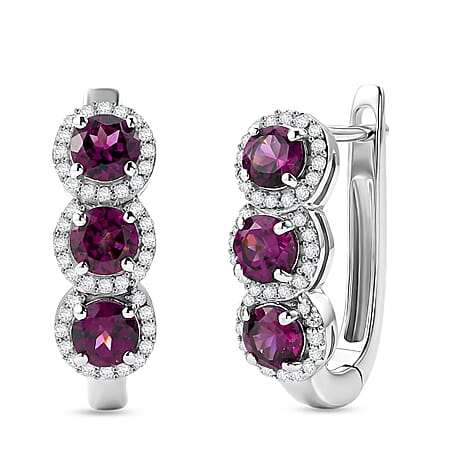 D'Joy - Natural Radiant Ember Garnet & White Zircon J Hoop Earring with Clasp in Rhodium Overlay Sterling Silver 2.68 Ct.