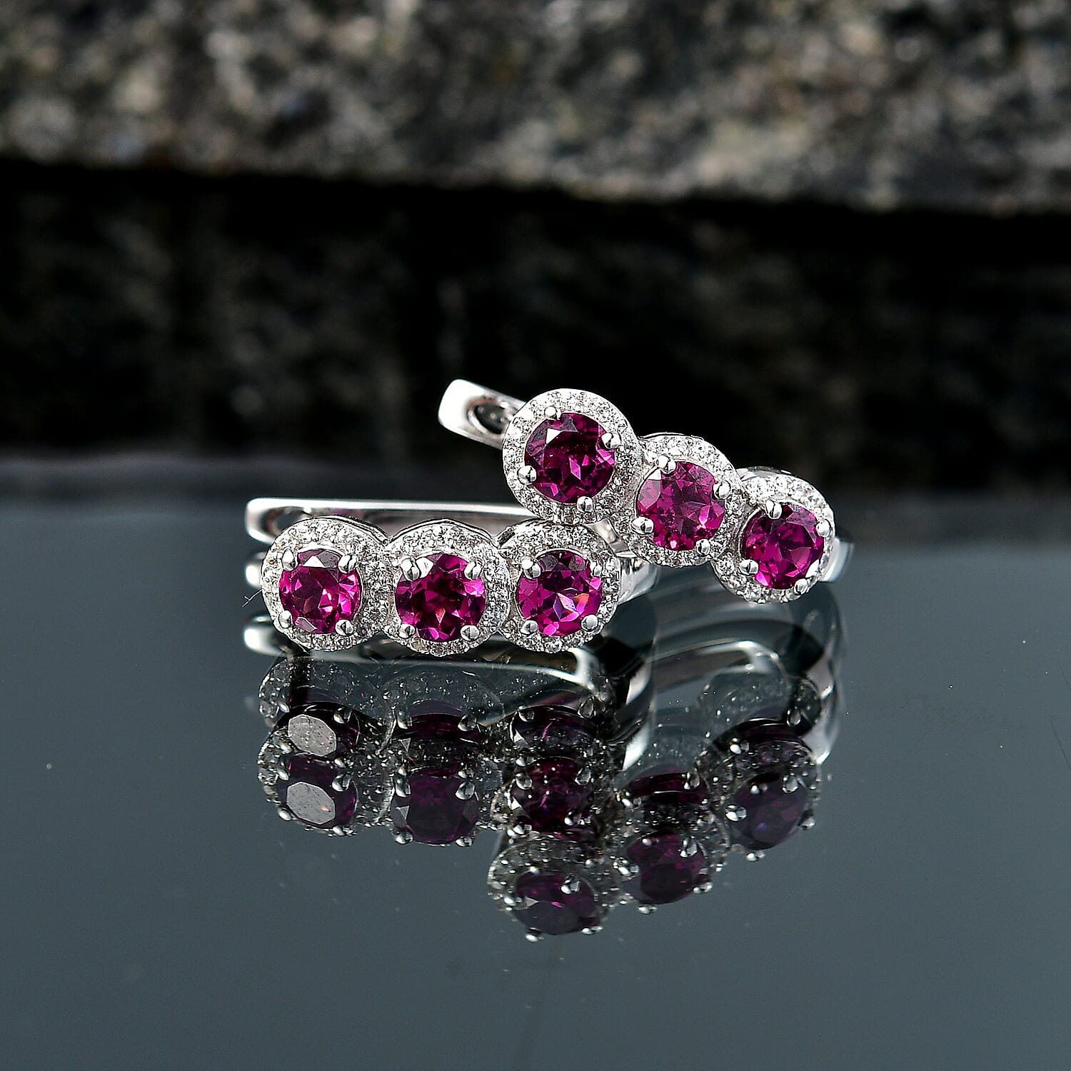 D'Joy - Natural Radiant Ember Garnet & White Zircon J Hoop Earring with Clasp in Rhodium Overlay Sterling Silver 2.68 Ct.