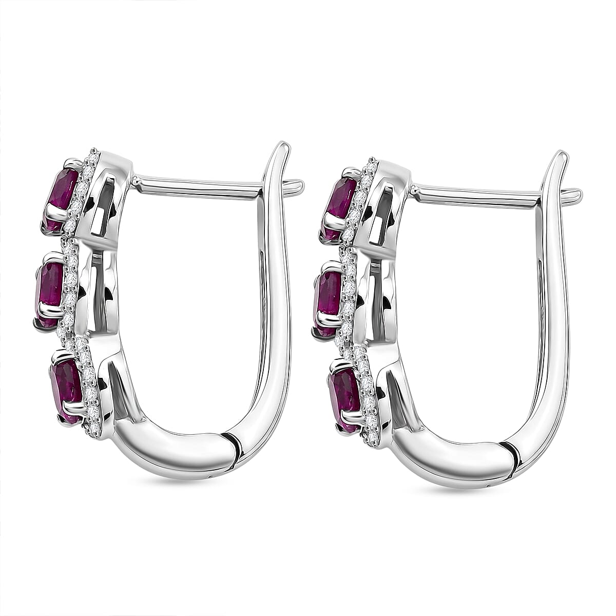 D'Joy - Natural Radiant Ember Garnet & White Zircon J Hoop Earring with Clasp in Rhodium Overlay Sterling Silver 2.68 Ct.