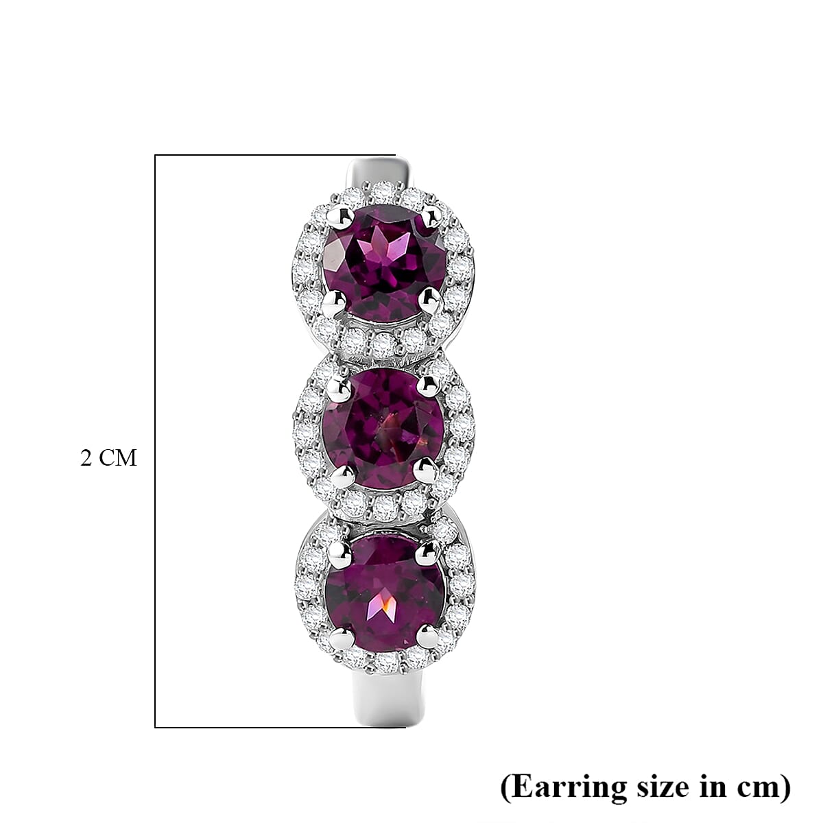 D'Joy - Natural Radiant Ember Garnet & White Zircon J Hoop Earring with Clasp in Rhodium Overlay Sterling Silver 2.68 Ct.