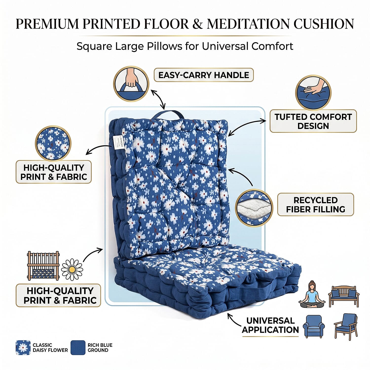 LIVMORE Cotton Printed Cushion Cover (Size 40x8 cm) - Blue