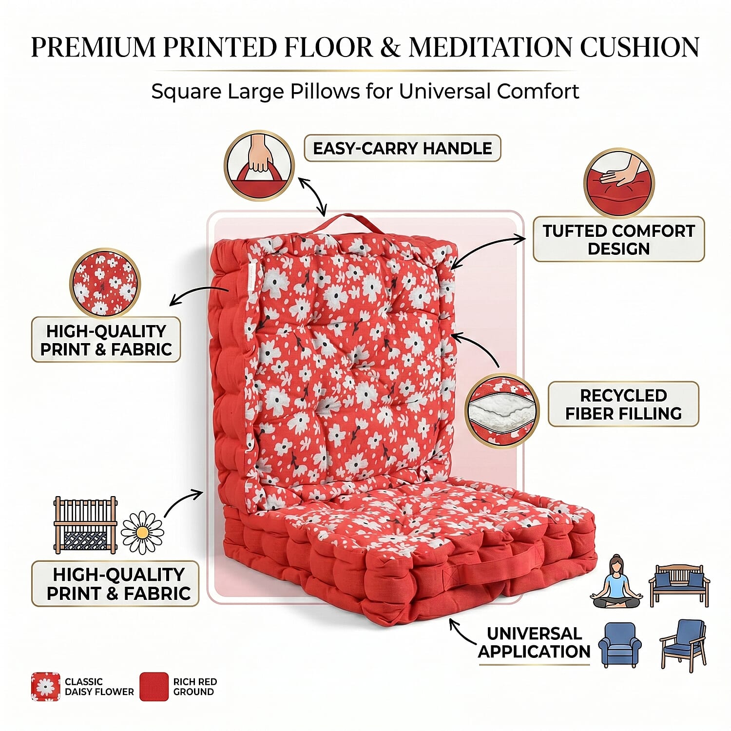 LIVMORE Cotton Printed Cushion Cover (Size 40x8 cm) - Red