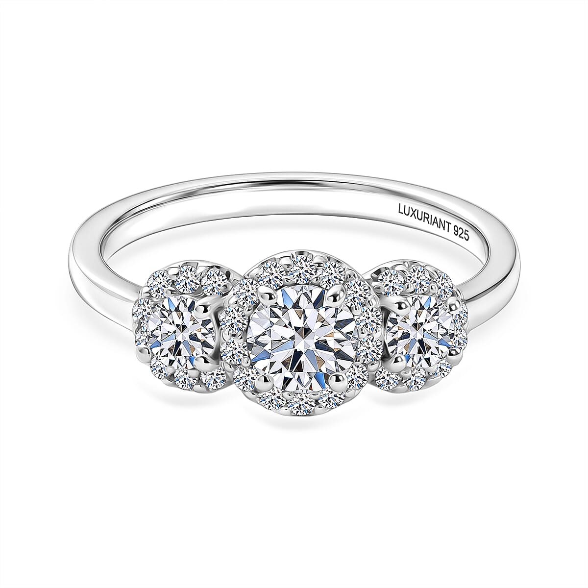 Luxuriant - Lab Grown Diamond (SI-G-H) Trilogy Halo Ring in Rhodium Overlay Sterling Silver 0.76 Ct.