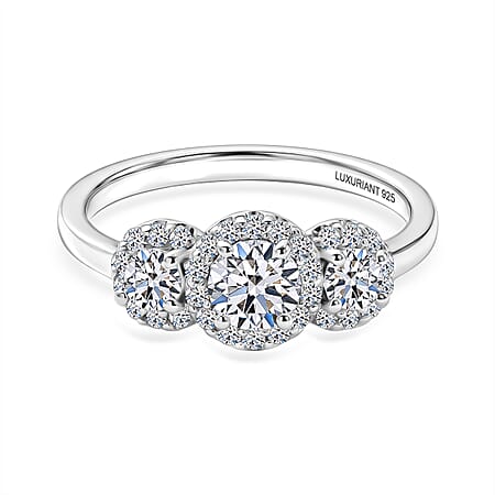 Luxuriant - Lab Grown Diamond (SI/G-H) Three-stone Halo Ring in Rhodium Overlay Sterling Silver&nbsp;