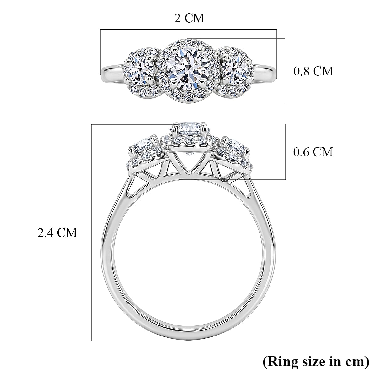 Luxuriant - Lab Grown Diamond (SI-G-H) Trilogy Halo Ring in Rhodium Overlay Sterling Silver 0.76 Ct.