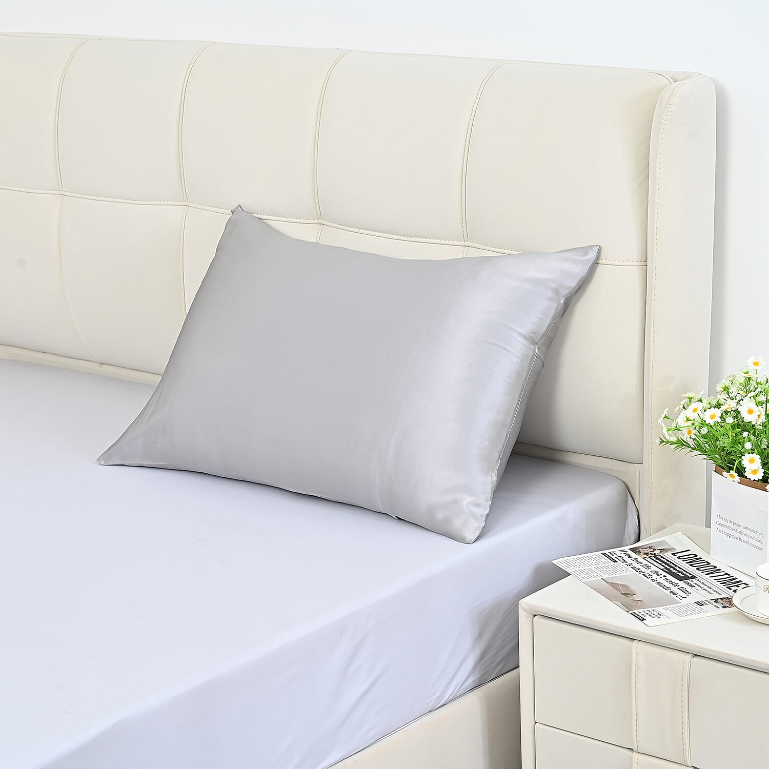La Marey Signature Mulberry Silk Patterned Pillowcase with MOP Button Closure (Size 50x75 cm) - Silver