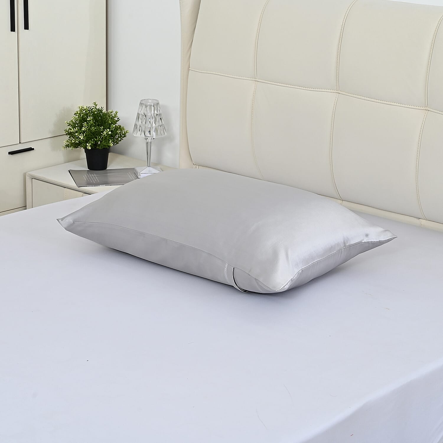 La Marey Signature Mulberry Silk Patterned Pillowcase with MOP Button Closure (Size 50x75 cm) - Silver